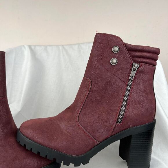 MIA Rider Lug Sole Ankle Boots Shoe Burgundy Wine Vegan Heel Zipper new size 10 - Picture 3 of 8